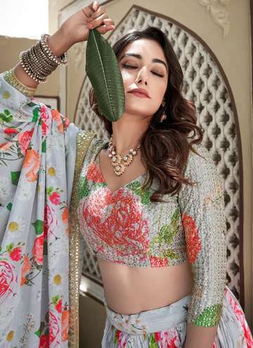Embroidered Sky Blue Crushed Chinon Lehenga Choli For Wedding